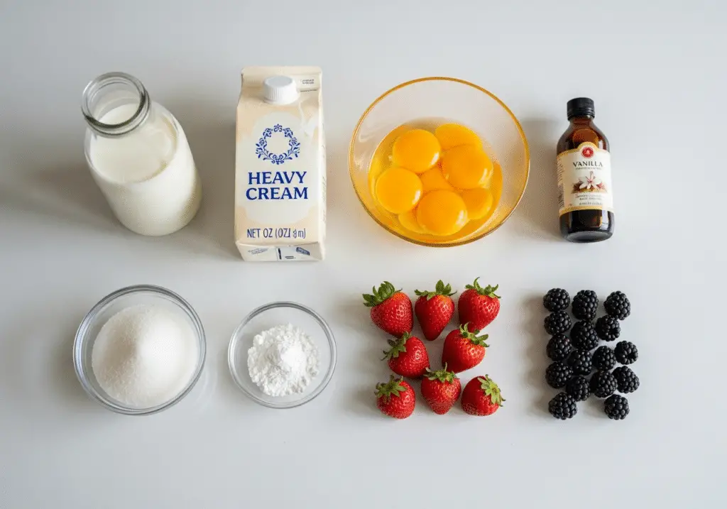 Ingrédients crème dessert vanille fruits rouges frais sélectionnés