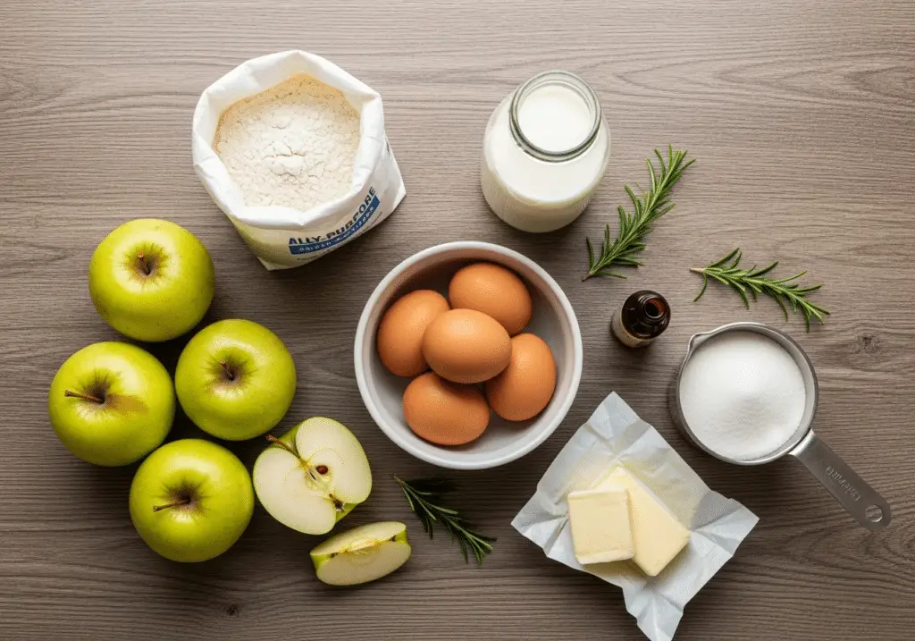 Ingrédients crépiau : pommes Golden œufs farine lait sucre beurre vanille