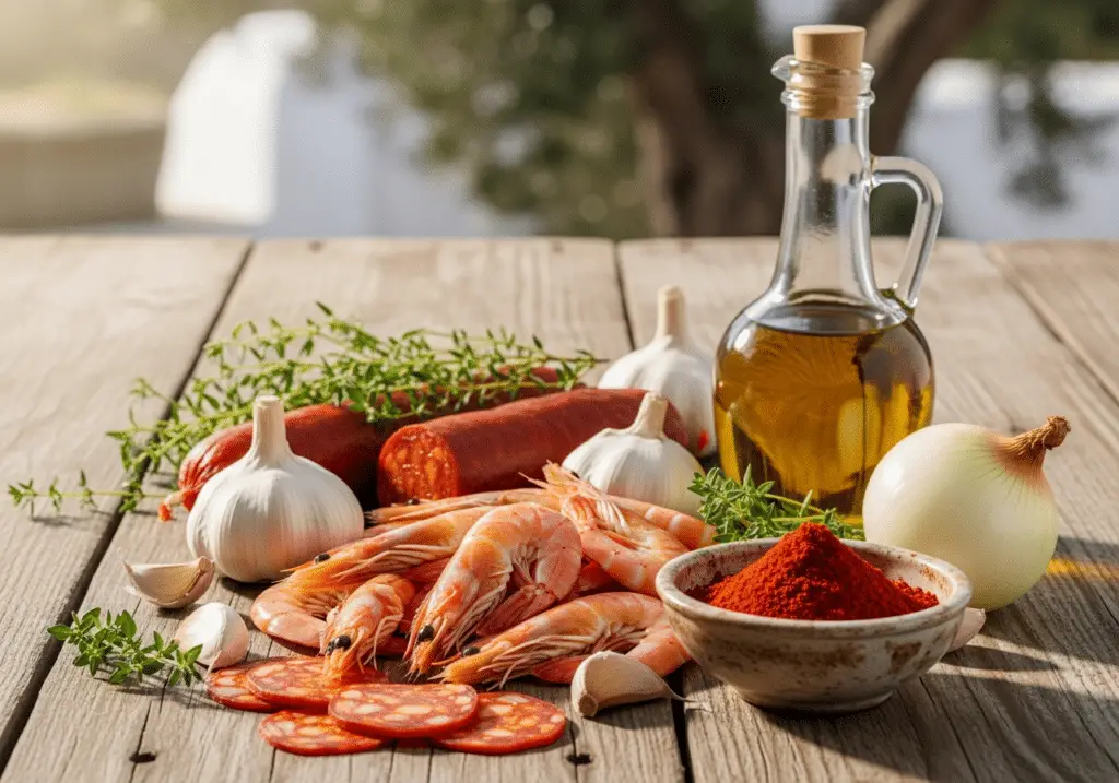 Ingrédients crevettes sautées chorizo paprika espagnols méditerranéens