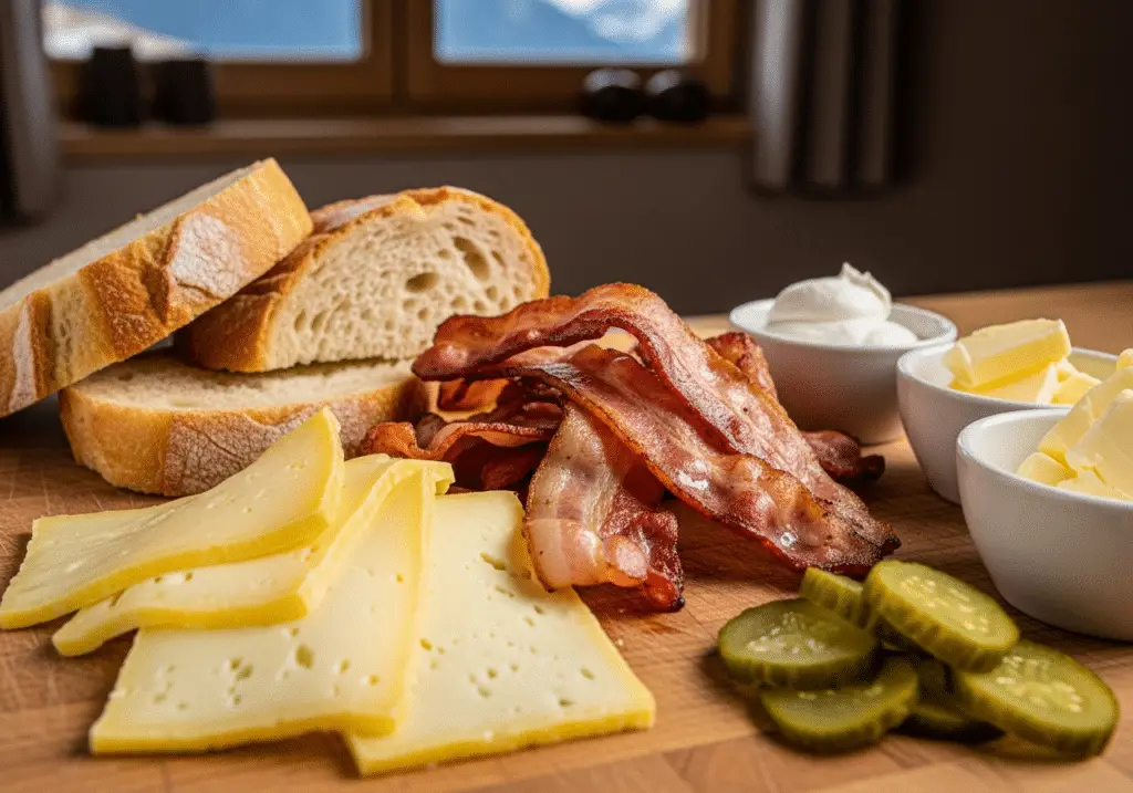 Ingrédients croque-raclette bacon montagnards authentiques sélectionnés