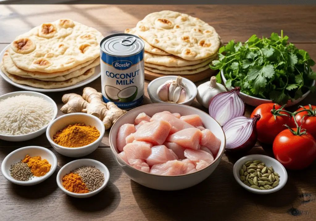 Ingrédients curry poulet crémeux riz naan frais qualité épices