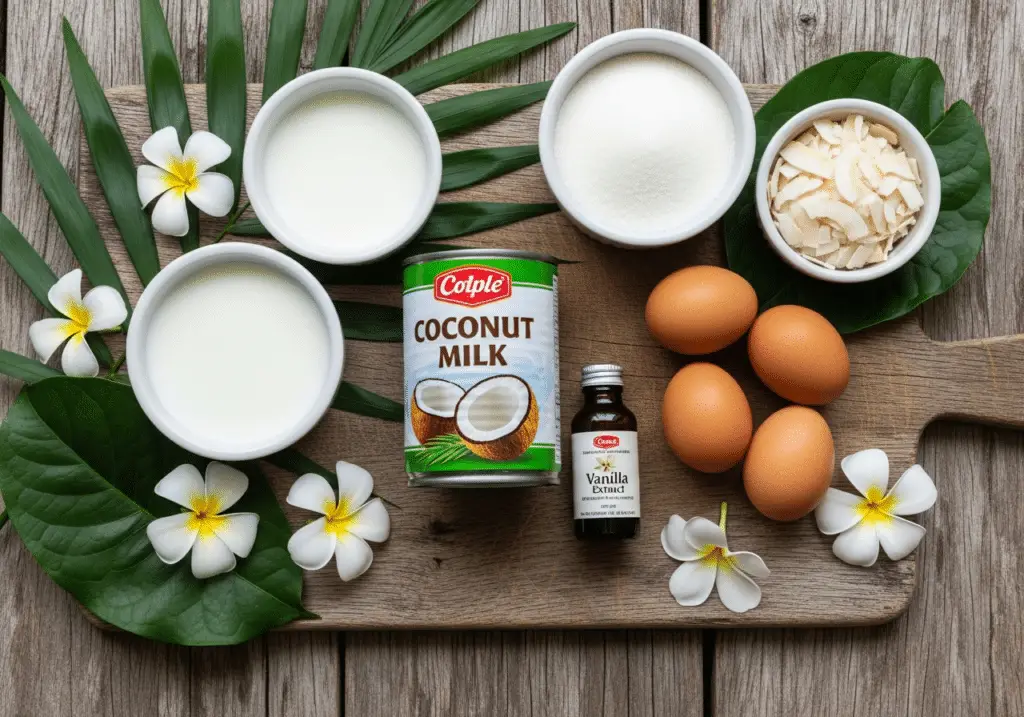 Ingrédients flan coco : lait coco lait entier œufs sucre noix coco râpée vanille