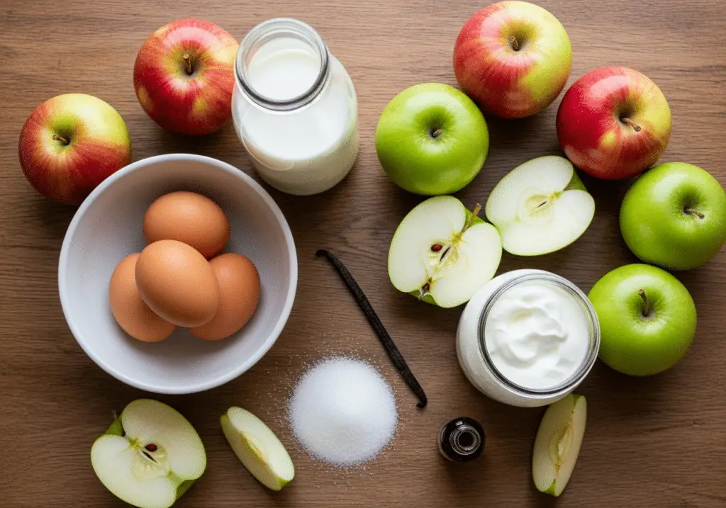 Ingrédients flan pommes-yaourt : pommes yaourt œufs lait sucre vanille