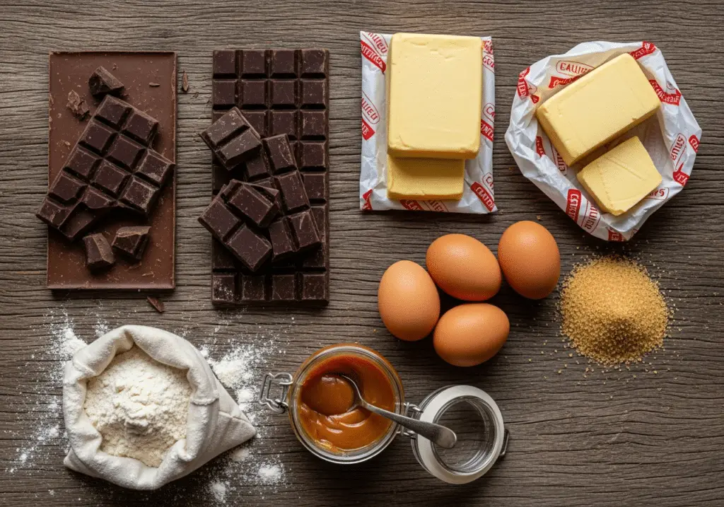 Ingrédients fondant baulois : chocolat noir beurre salé œufs cassonade caramel