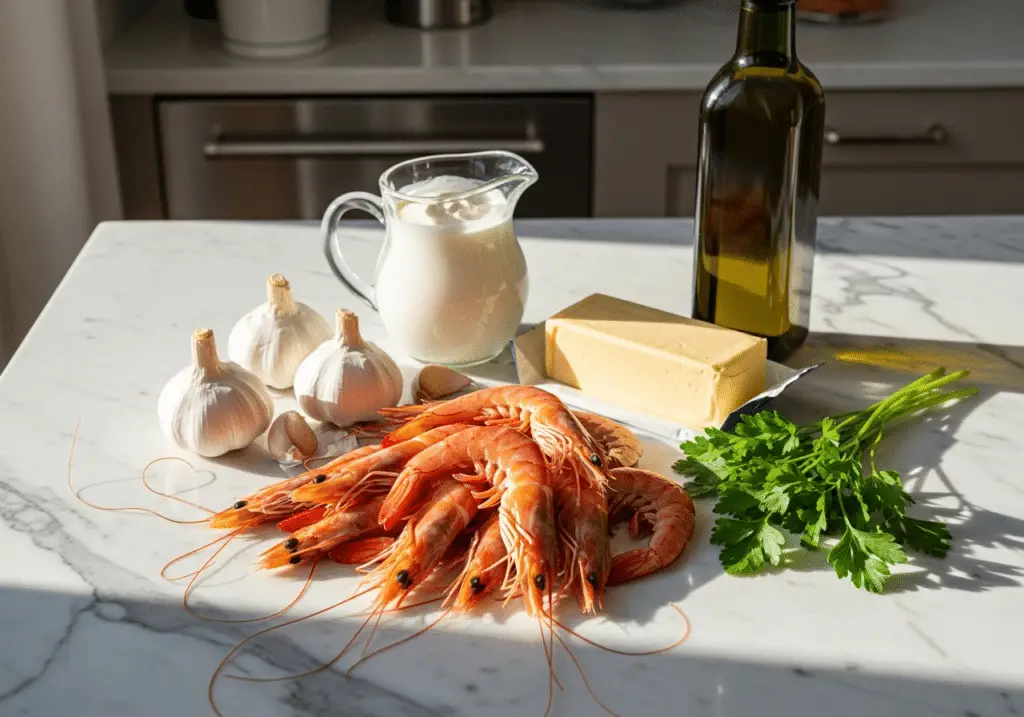 Ingrédients gambas crème ail doux traditionnelle française qualité