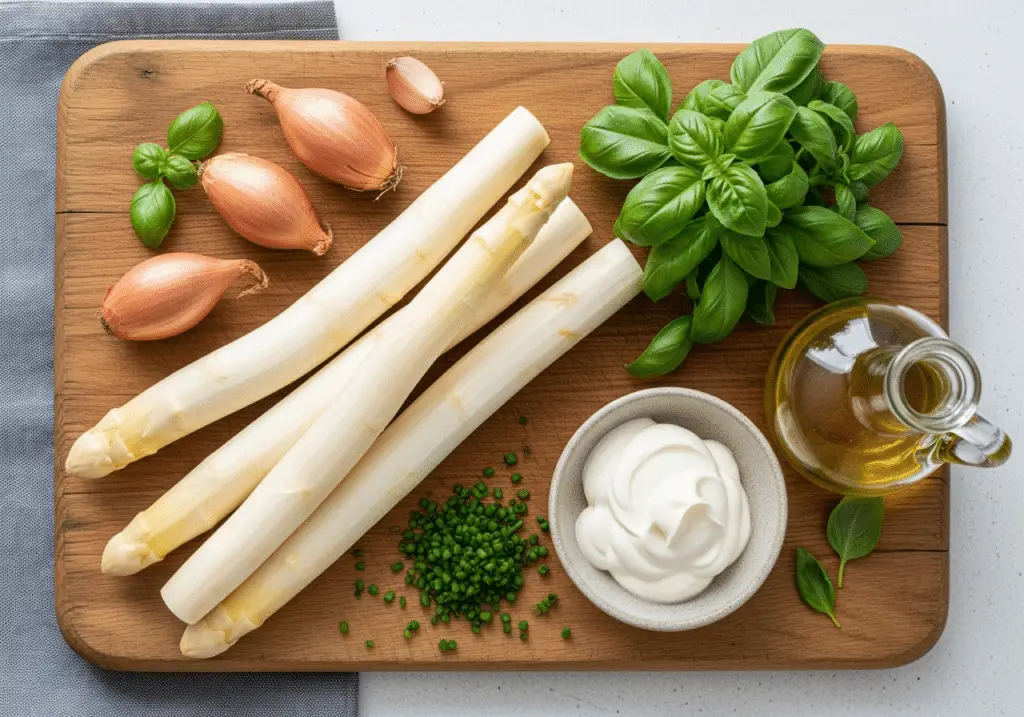 Ingrédients frais pour gaspacho asperges blanches disposés style printanier