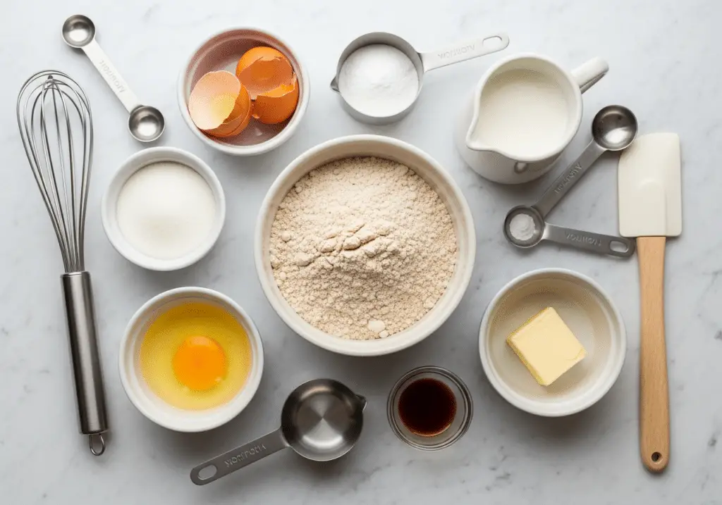 Ingrédients gâteau caramel fondant : farine sucre œufs beurre lait vanille