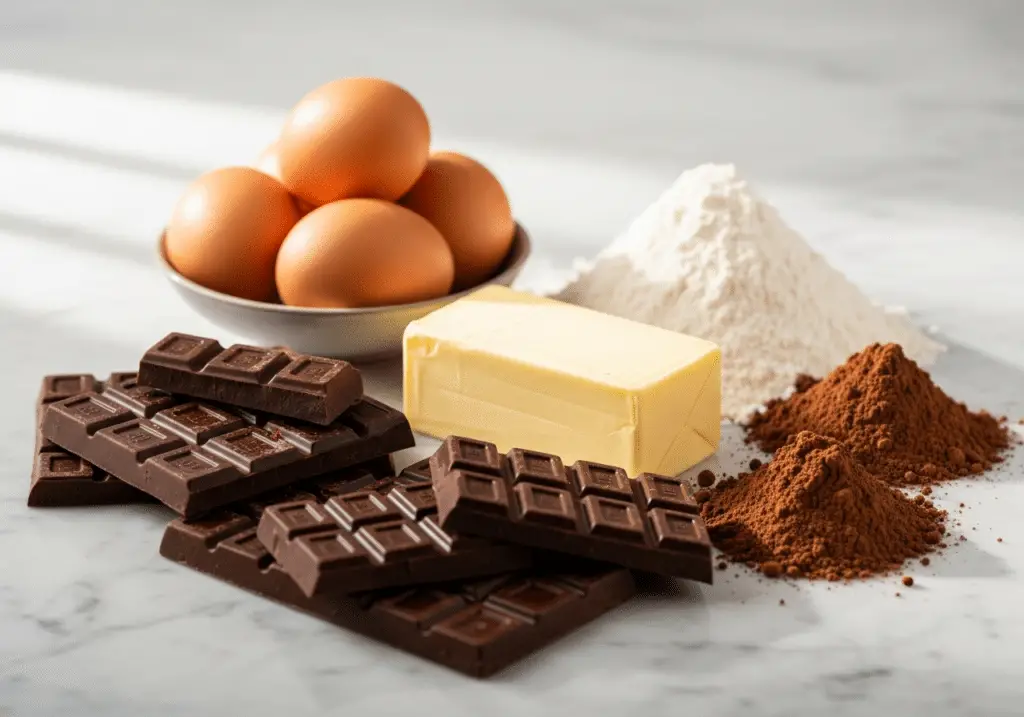 Ingrédients chocolatés pour gâteau gaufres coulant disposés style gourmand