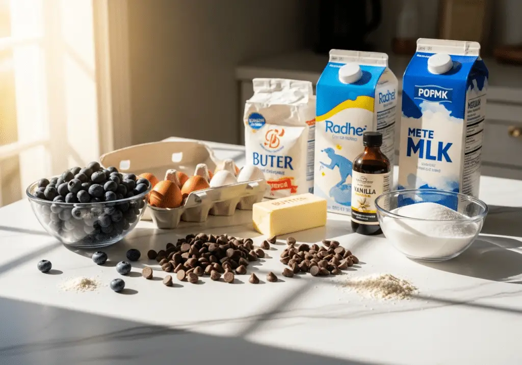 Ingrédients gâteau moelleux petit-déjeuner myrtilles chocolat frais