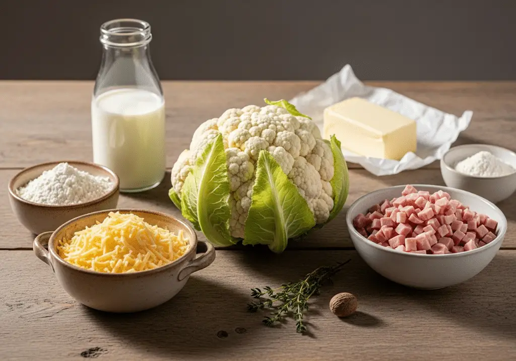 Ingrédients gratin chou-fleur jambon fromage frais qualité complets