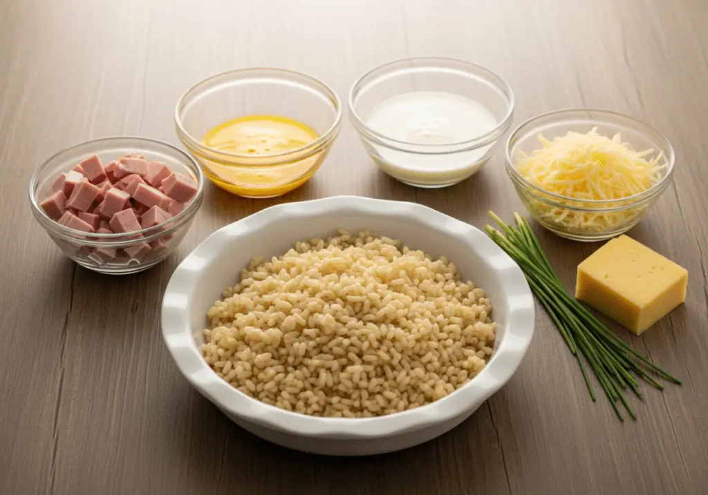 Ingrédients légers pour gratin de riz jambon disposés style santé