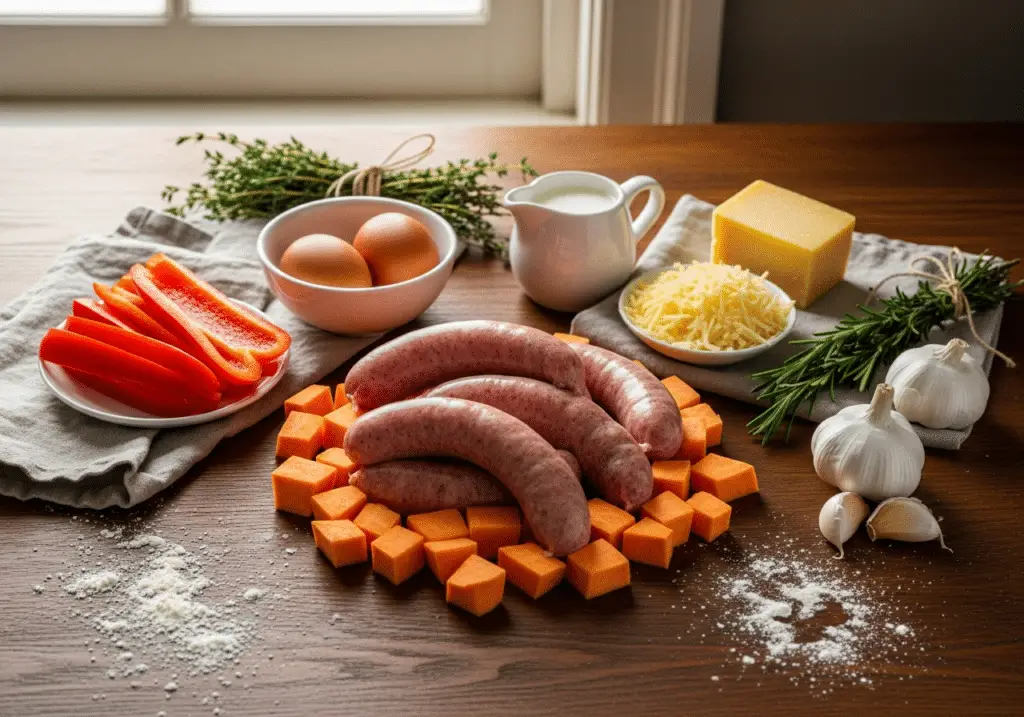 Ingrédients gratin saucisses patate douce poivron frais qualité