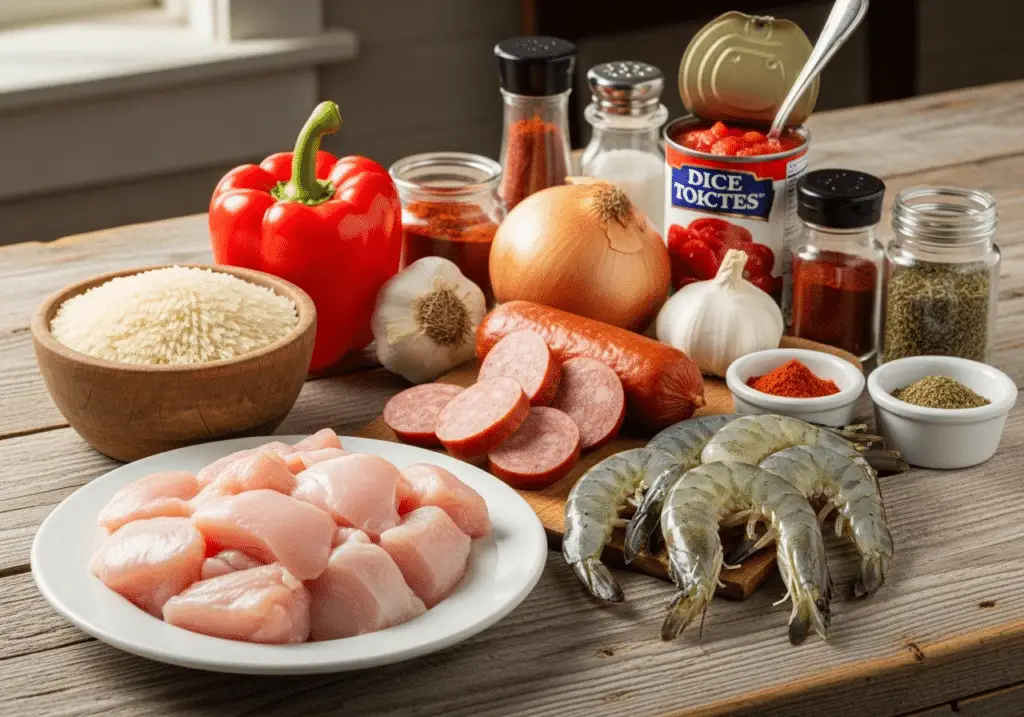 Ingrédients jambalaya créole savoureuse frais colorés variés