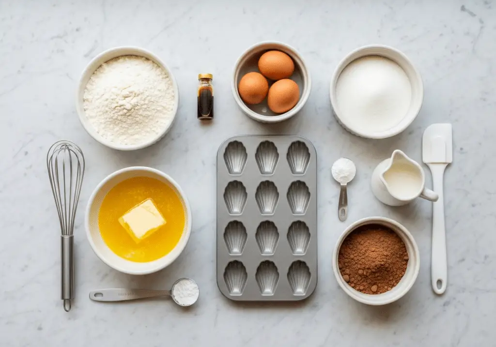 Ingrédients madeleines marbrées : farine œufs beurre sucre cacao vanille lait