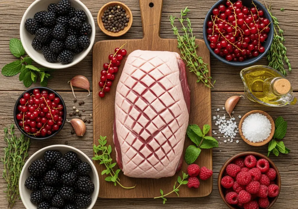 Ingrédients magret canard fruits rouges : canard mûres groseilles thym menthe