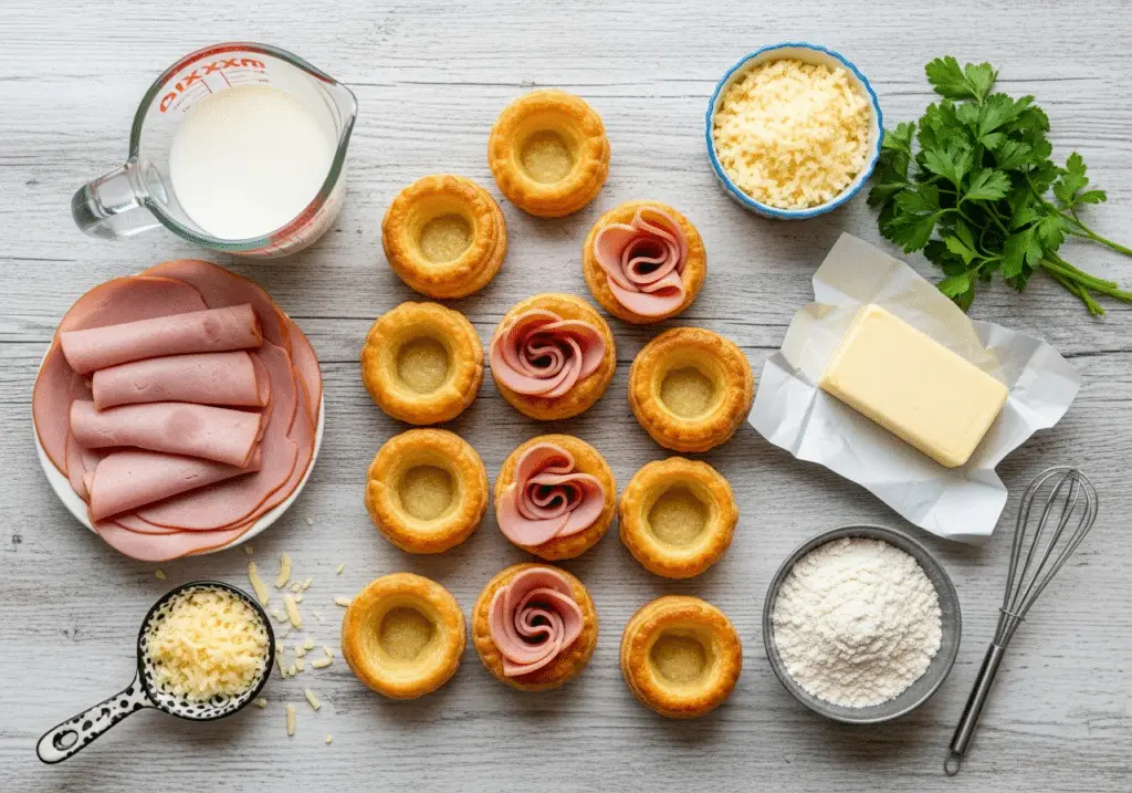 Ingrédients simples pour minis bouchées chaudes jambon disposés style élégant