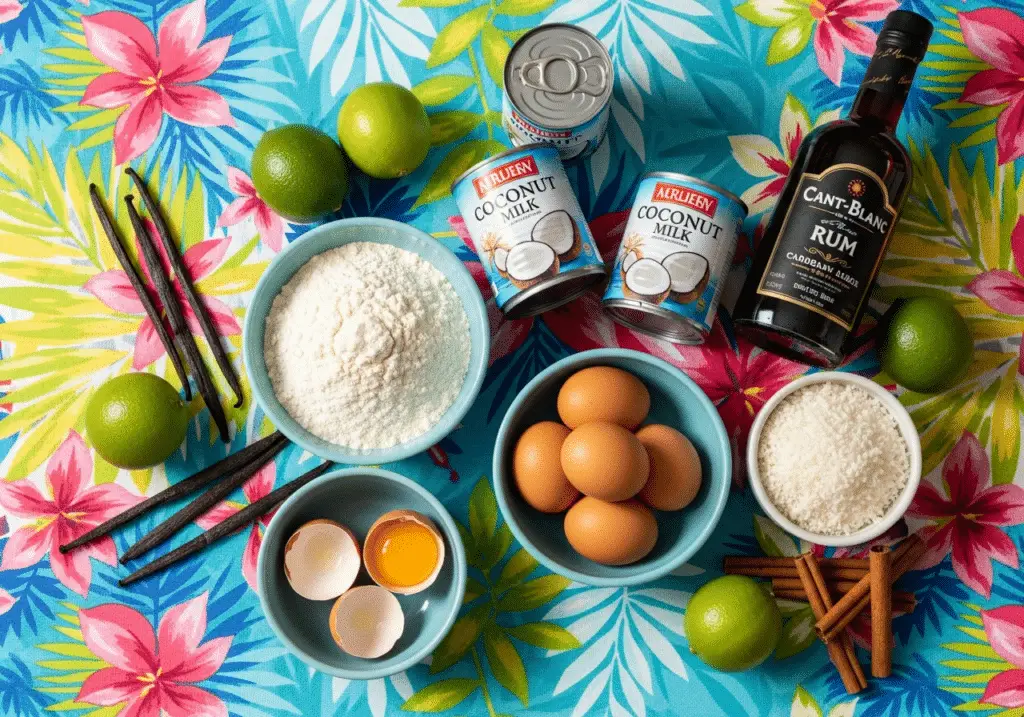 Ingrédients Mont-Blanc antillais : œufs farine lait coco citron vert rhum vanille cannelle
