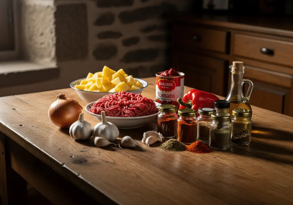 Ingrédients poêlée bœuf haché pommes terre simples économiques