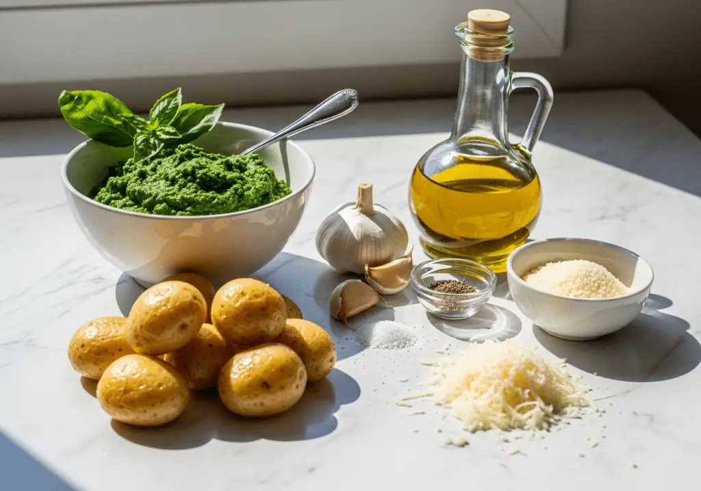 Ingrédients pommes terre four pesto basilic italiens méditerranéens