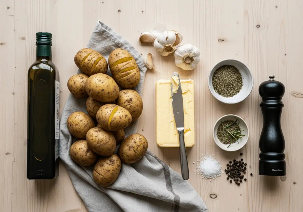 Ingrédients simples pour pommes terre Hasselback beurre disposés style scandinave