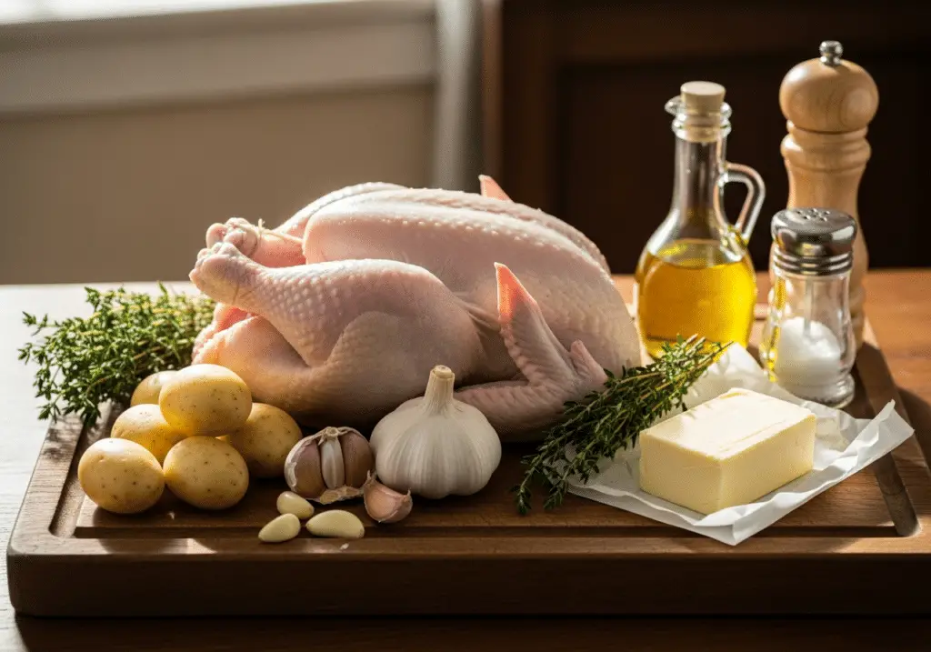 Ingrédients frais poulet rôti pommes terre qualité fermier