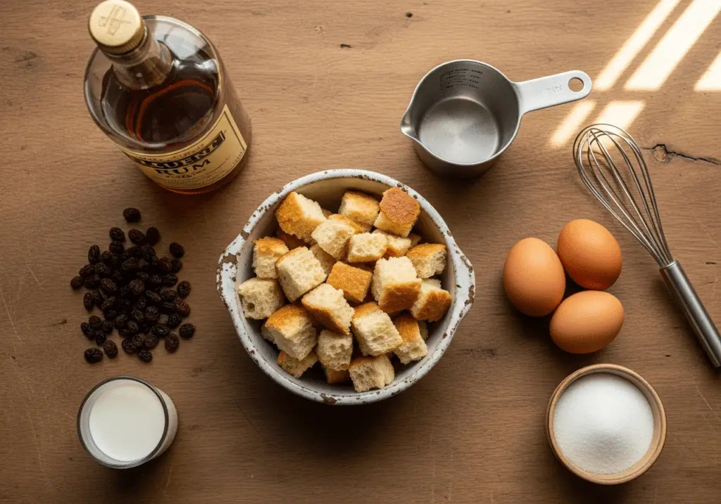 Ingrédients simples pour pudding pain raisins rhum disposés style familial