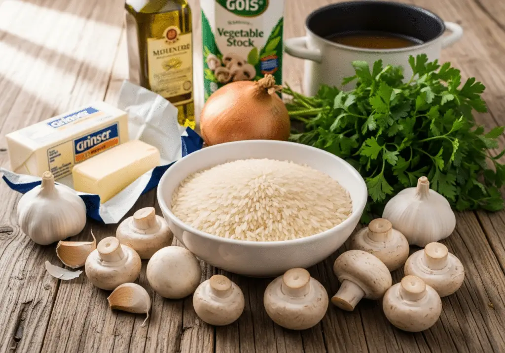 Ingrédients riz champignons persillé frais qualité sélectionnés