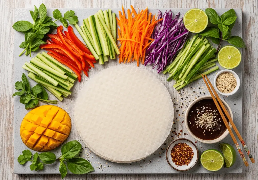 Ingrédients frais pour rouleaux printemps mangue légumes disposés style asiatique