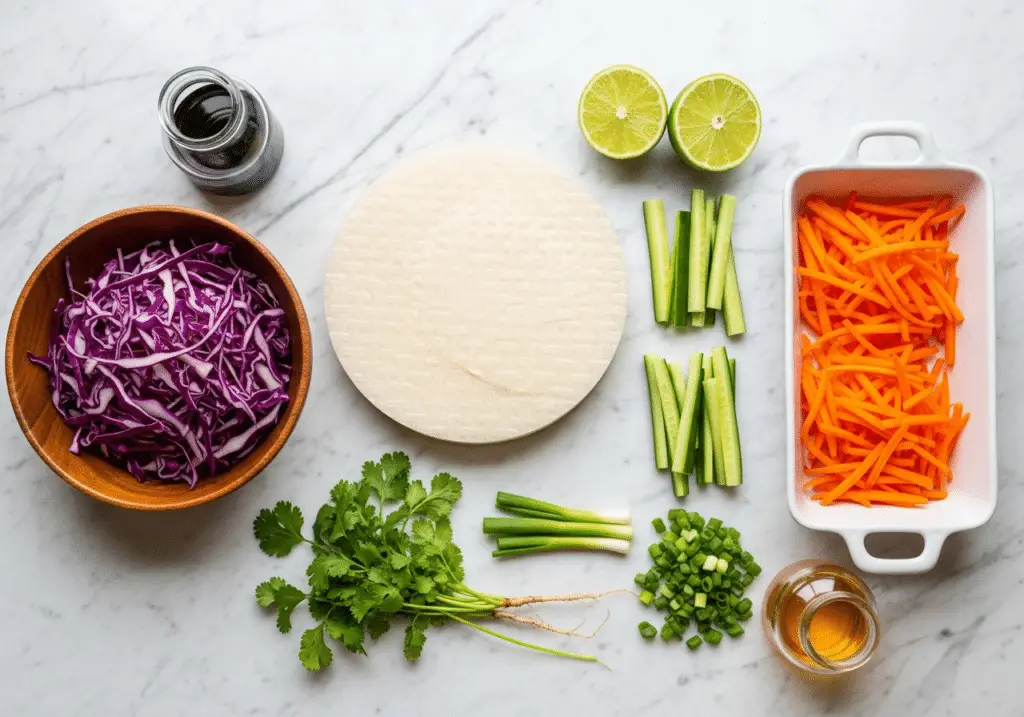 Ingrédients rouleaux printemps végétariens galettes riz chou rouge carottes concombre coriandre