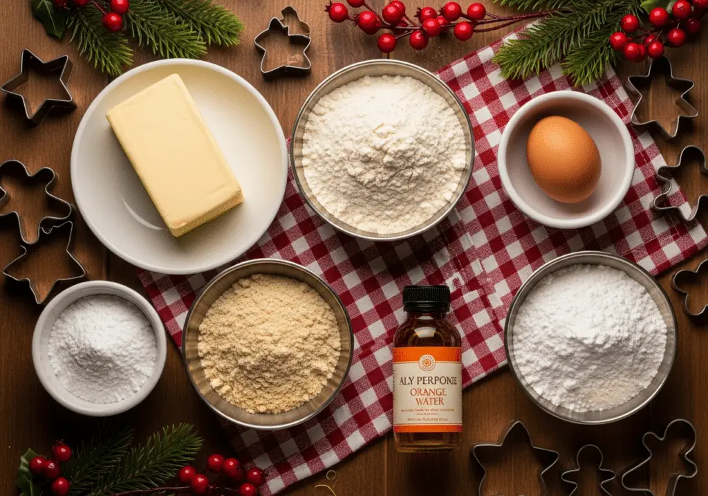 Ingrédients nobles pour sablés Noël amande fleur d'oranger disposés festif