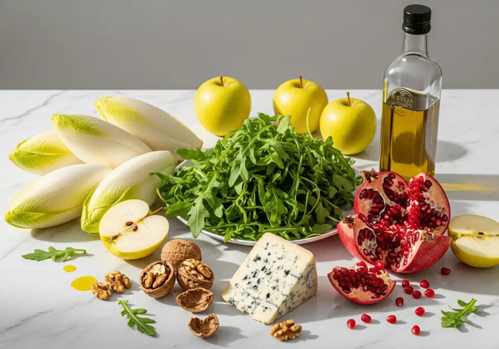 Ingrédients salade endives rôties pommes noix fromage bleu frais