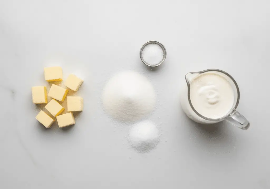 Ingrédients simples pour sauce caramel maison disposés style élégant