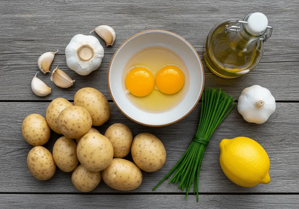 Ingrédients sauce rustique : pommes terre jaunes œufs huile ail ciboulette citron