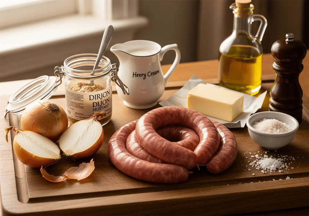 Ingrédients saucisses moutarde oignons fondants simples qualité