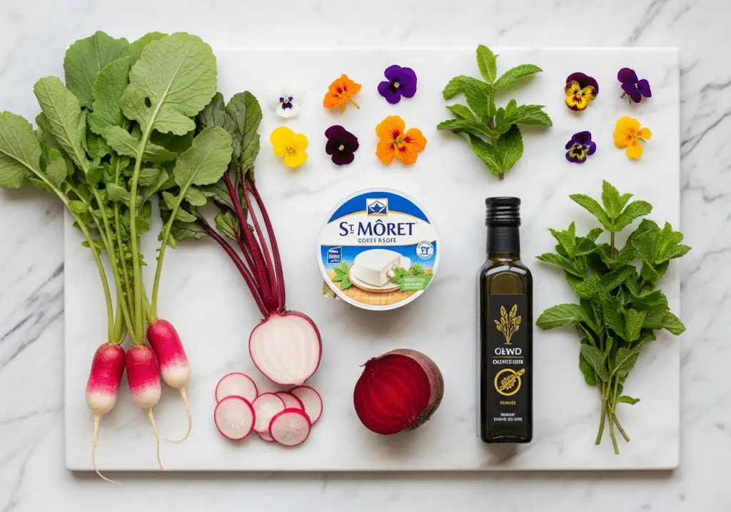 Ingrédients soupe froide : radis roses betterave crue St Môret menthe fleurs