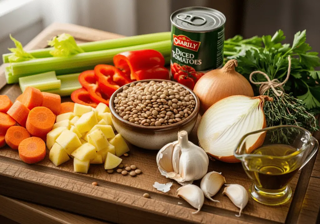 Ingrédients frais soupe légumes lentilles sains nutritifs variés
