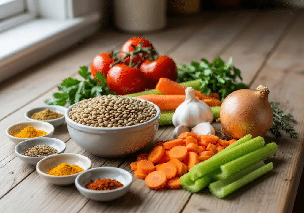 Ingrédients soupe lentilles légumes frais nutritifs économiques qualité
