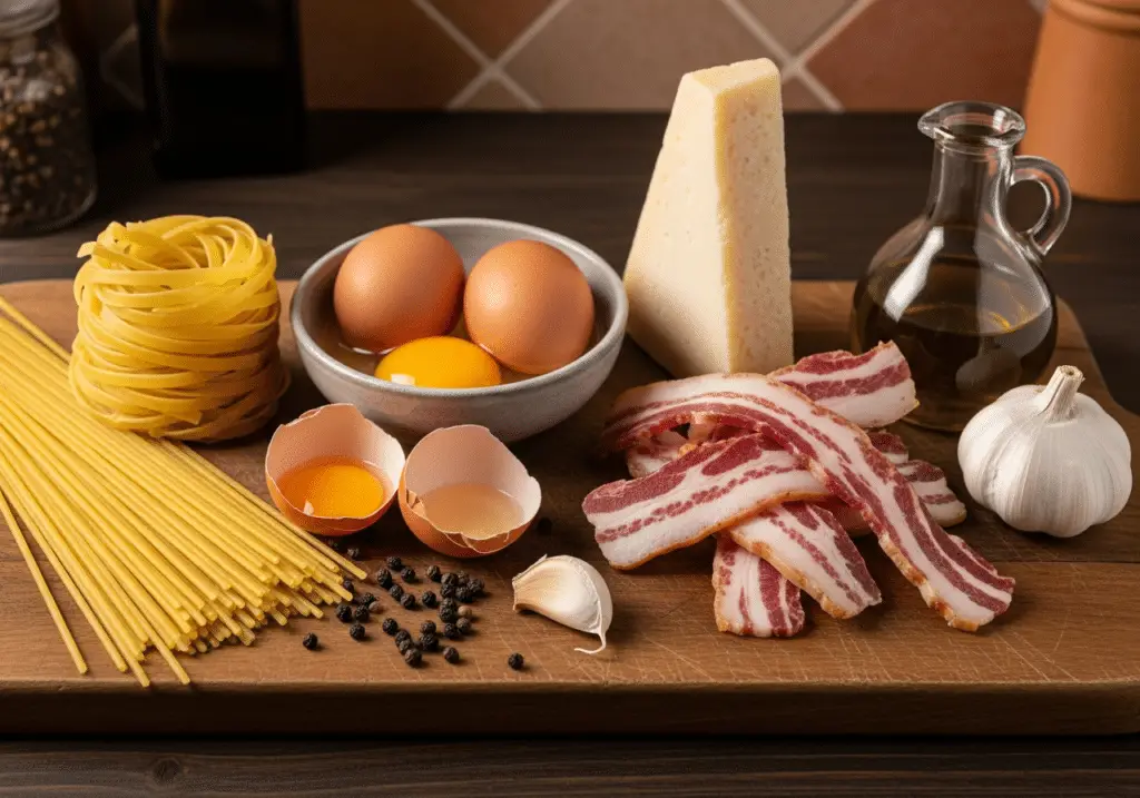 Ingrédients spaghetti carbonara traditionnels italiens authentiques