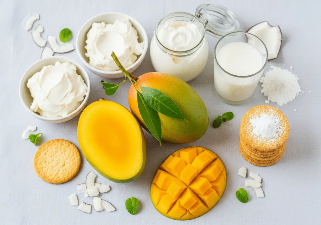 Ingrédients tropicaux pour tiramisu mangue-coco disposés style exotique