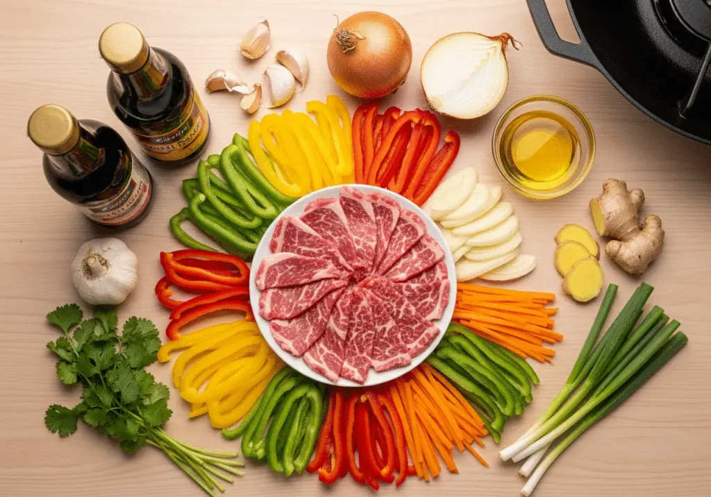 Ingrédients frais pour wok de bœuf aux poivrons disposés style asiatique