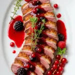 Magret de canard aux fruits rouges tranché rosé sauce baies menthe fraîche