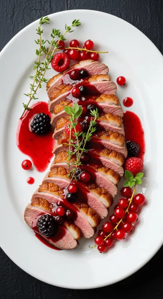 Magret de canard aux fruits rouges tranché rosé sauce baies menthe fraîche