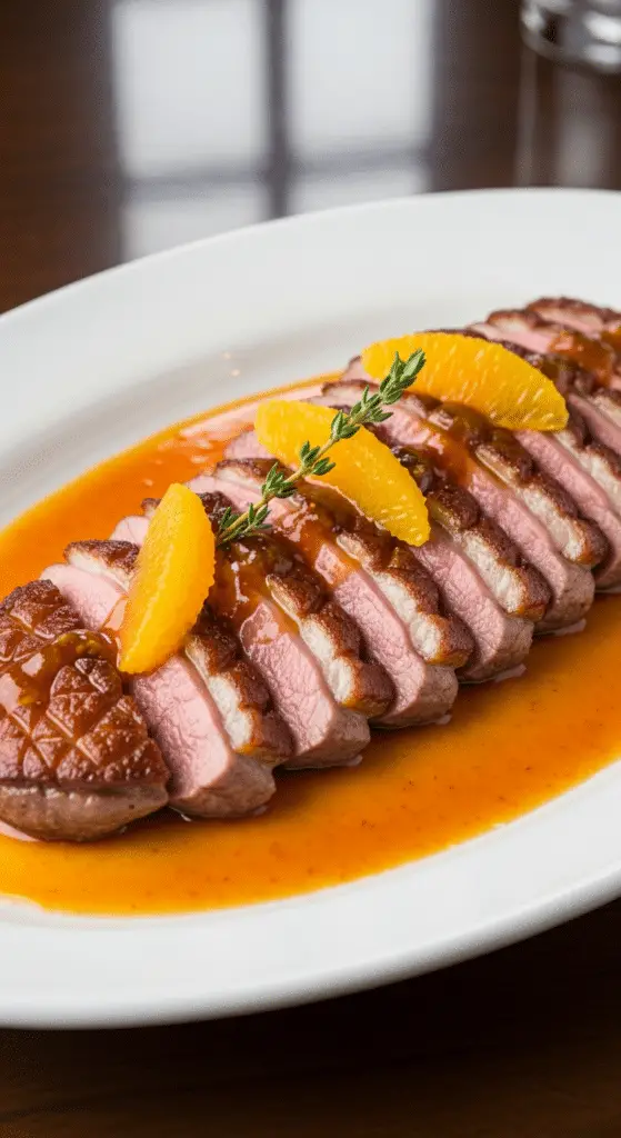 Magret canard orange classique français rosé sauce brillante gastronomique