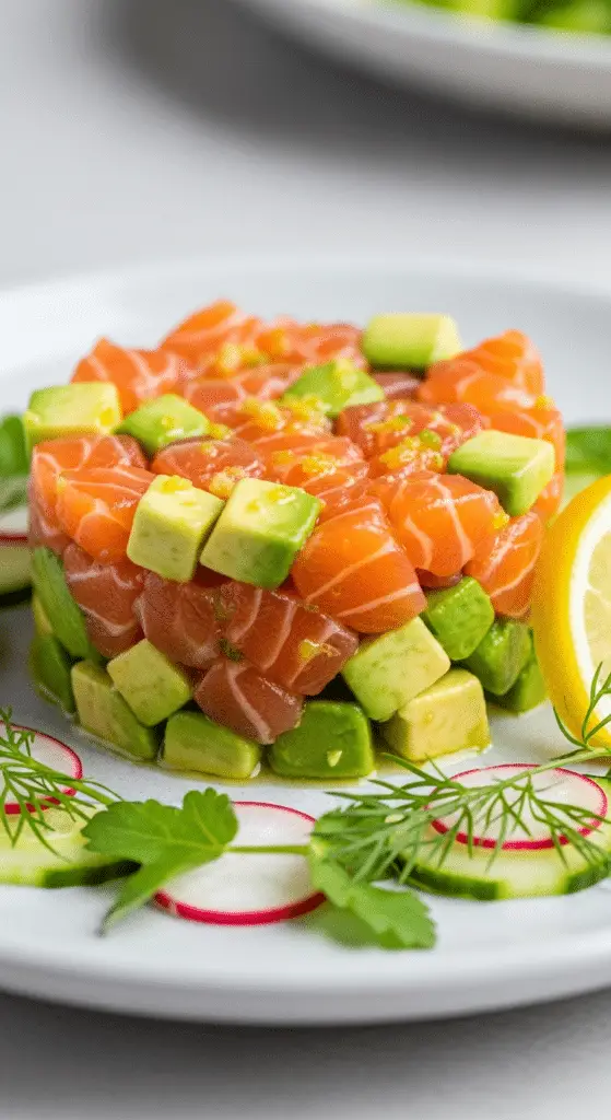 Mélange délicat tartare saumon avocat bol verre spatule dés colorés