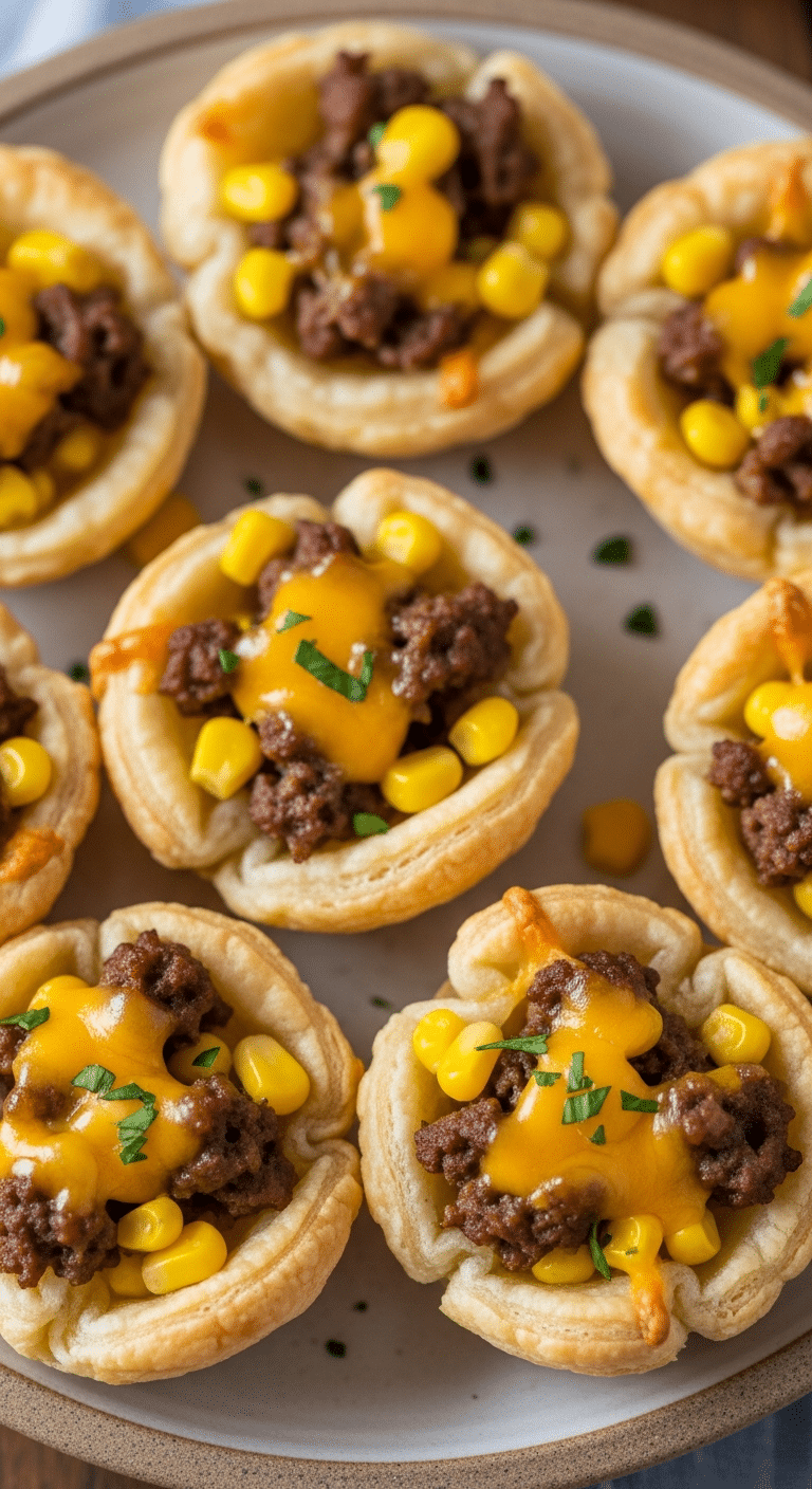 Mini tartelettes feuilletées bœuf maïs fromage dorées croustillantes