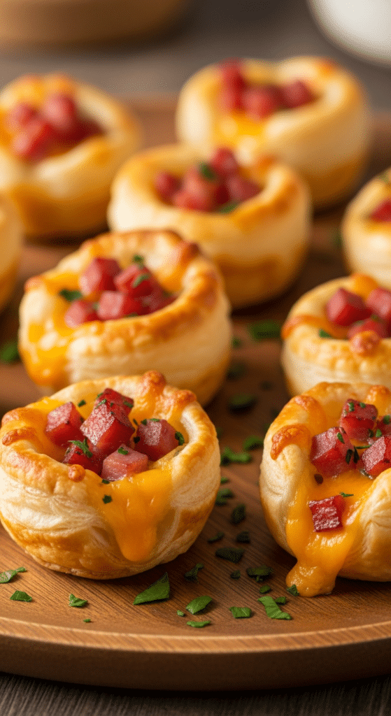 Minis bouchées chaudes au jambon dorées gratinées persil frais garnies