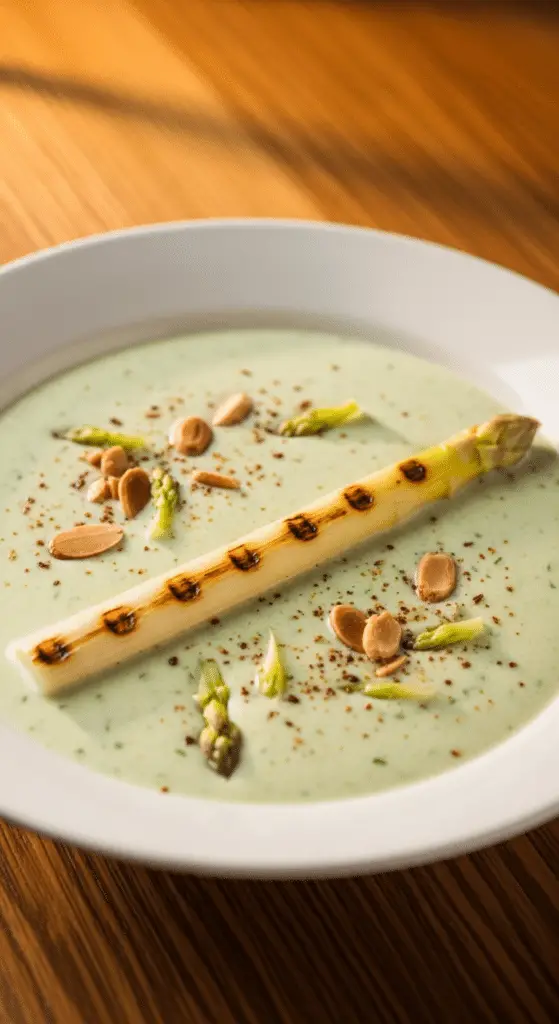 Mixage asperges cuites en velouté soyeux crémeux avec mixeur plongeant