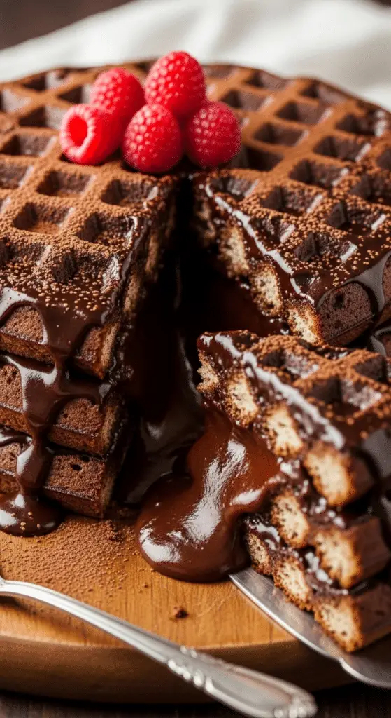 Montage gâteau gaufres avec chocolat coulant versé entre couches empilées