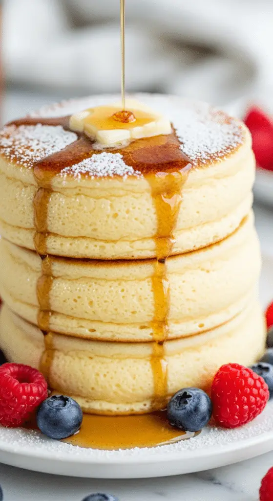 Pancakes japonais moelleux aériens spectaculaires empilés dorés