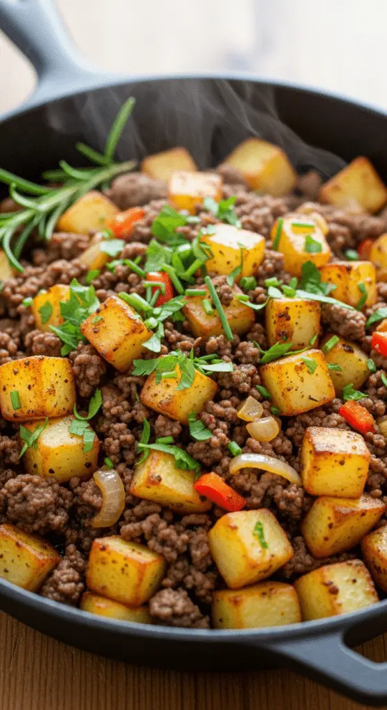 Poêlée bœuf haché pommes terre complète familiale réconfortante